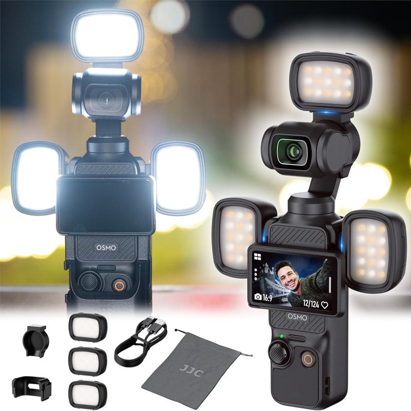 JJC 3 قطع ضوء مساعد مغناطيسي لجهاز DJI Osmo Pocket 3 وإكسسوارات Xtra Muse، ضوء LED صغير قابل لإعادة الشحن مع حامل وحقيبة تخزين، 3 أوضاع لون/سطوع قابل للتعديل لتسجيل سيلفي وفيديو مدونة - Image 1